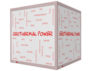 Geothermal Power Word Cloud Concept on a 3D cube Whiteboard