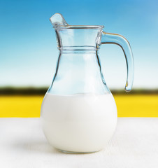 Jug of milk on meadow background. Half full pitcher