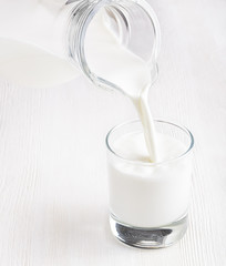 Milk pouring into a glass on white board