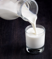 Milk pouring into a glass on black board