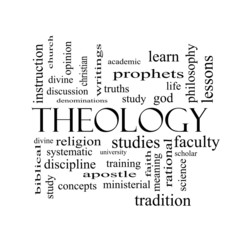 Theology Word Cloud Concept in black and white