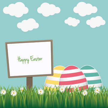 happy easter sign colorful eggs daisy meadow