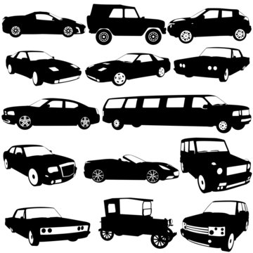 Set black silhouettes of different types of the cars on white ba