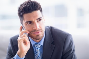 Handsome businessman sitting on sofa making a call