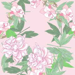 Tuinposter Seamless pattern  with pink peonies and flowers. © Natalia Piacheva