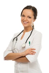 Fototapeta premium Young positive brunette doctor woman isolated on white