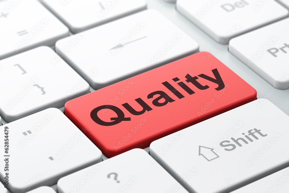 Poster advertising concept: quality on computer keyboard background