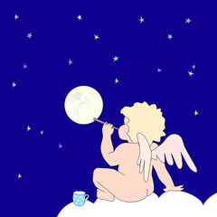 Funny little angel blow bubble as moon