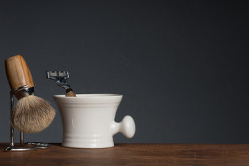 Shaving Tool on wooden Table and black Background
