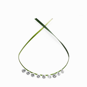 A thin green strap leaf in a loop with small sparkling gem cut clear glass beads. A necklace with a natural feel. 
