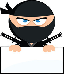 Angry Ninja Warrior Character Over Blank Sign.Flat Design © HitToon.com