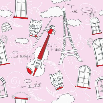 Pink Seamless pattern with music and city. Vector Illustration