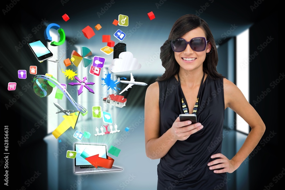 Poster glamorous brunette using smartphone with app icons and laptop