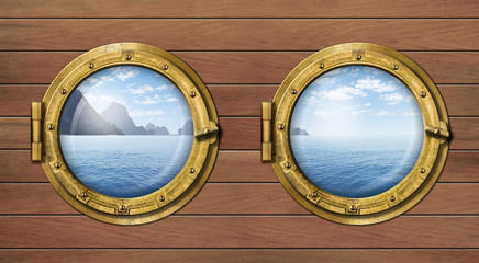 two ship windows or portholes with sea or ocean with tropical is