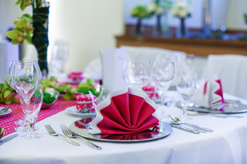 Elegant table set  for wedding or event party in pink with dots.