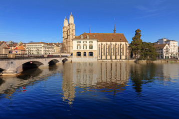 Fototapeta premium Zurich, the Water Church and the Great Minster