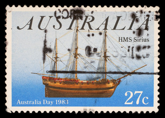 Stamp from Australia shows ship HMS Sirius, circa 1983