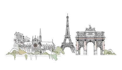 Foto op Plexiglas Paris, sketch collection: Notre Dame, Arch and Eiffel tower © IRStone
