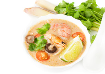 Tom yam. Traditional Thai spicy soup. Seafood.
