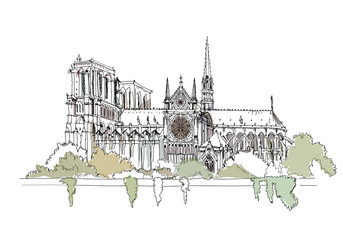Fototapeta premium Paris, sketch collection: Notre Dame, Arch and Luevre
