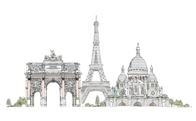 Naklejka premium Paris, sketch collection: Notre Dame, Arch and Luevre