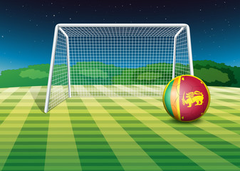 A soccer ball near the net with the flag of Sri Lanka