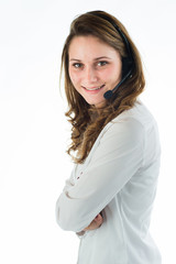 isolated portrait of a young female telephone operator