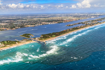 Aerial View on Florida Beach and waterway near Palm Beach
