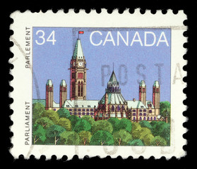 Stamp printed in Canada shows a Parliament in Ottawa, Ontario
