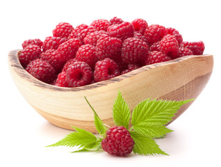 raspberries in wooden bowl