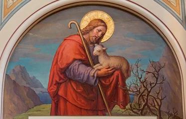 Zelfklevend Fotobehang Vienna - Fresco of Jesus as good shepherd © Renáta Sedmáková