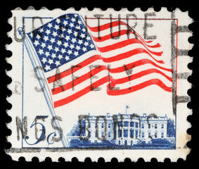 Stamp printed in US features waving US flag, circa 1962