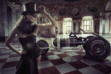 Wall murals Female Fancy clothed woman with retro car