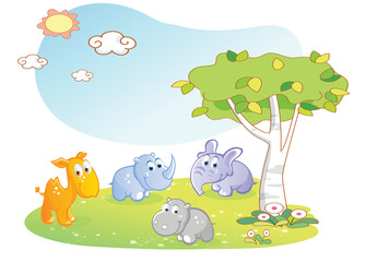 young animals cartoon with garden background
