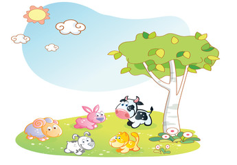 Obraz na płótnie Canvas farm animals cartoon with garden background
