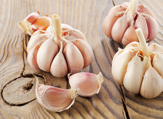 Garlic on a wooden table.