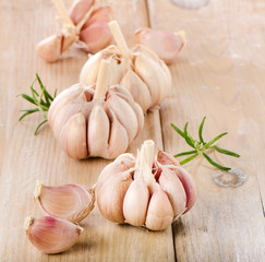 Garlic on a wooden table.