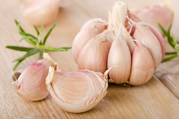 Garlic on a wooden table.