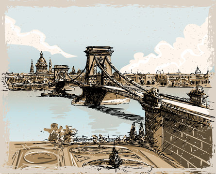 Vintage Hand Drawn View of Lions Bridge in Budapest