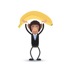 Business monkey holding a banana over white background