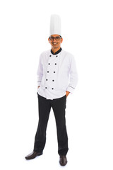 smiling indian male chef isolated on white background