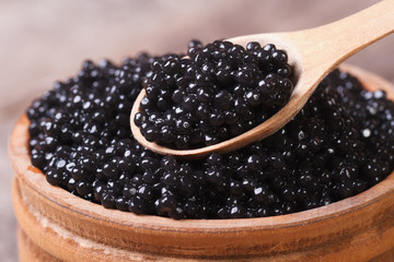 Spoon with black sturgeon caviar macro. - obrazy, fototapety, plakaty
