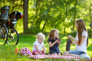 Young mother and her daughters having a picnic