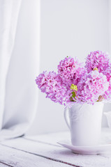 Pink  hyacinths in white vase on white background