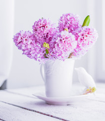 Pink  hyacinths in white vase on white background