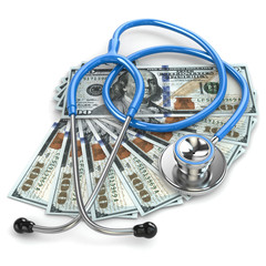 Health insurance. Stethoscope on dollar banknotes.