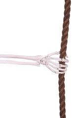 skeleton hand with old brown rope