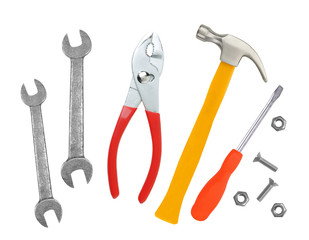 Hammer, screwdriver and wrenches isolated on white