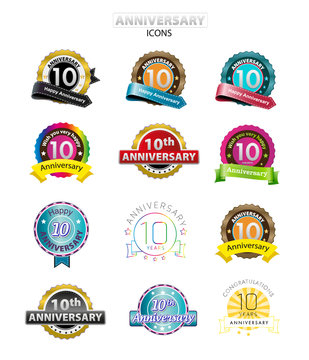 10th anniversary icons set, isolated, vector illustration