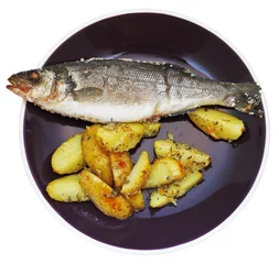 Stoff pro Meter top view of fish and fried potatoes on plate © vvoe